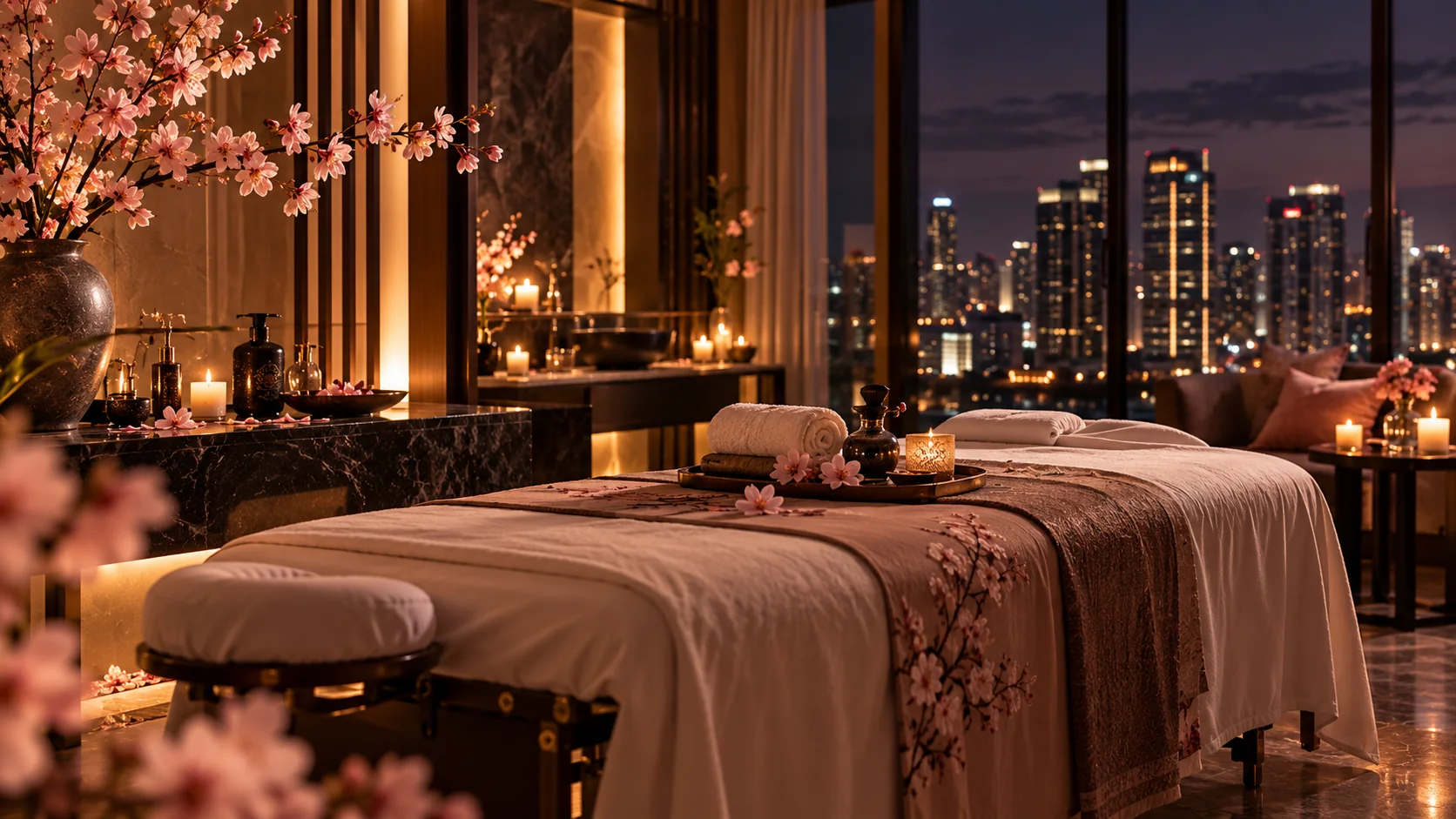 Luxury Hanami Massage home massage setting with cherry blossom details